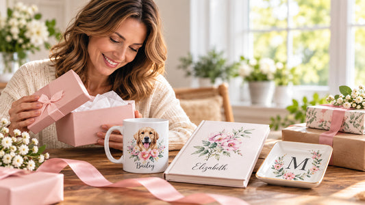 Why personalized gifts feel more meanigful image shows a woman with a pleasing smile opening a gift box surrounded by personalized items like a mug, journal, and a jewelry dish.