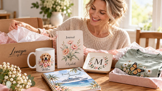Why personalized gifts feel more meanigful image shows a woman with a pleasing smile opening a gift box surrounded by personalized items like a mug, journal, notebook, T-Shirt, and a jewelry dish.