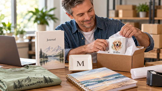 What is Print-on-Demand and how does it work image with a man opening a gift box and other printable items on the table.