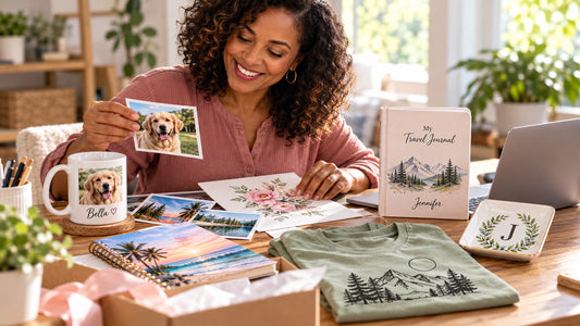 Create Your Own showing a woman collecting items for use on a print-on-demad gift item.